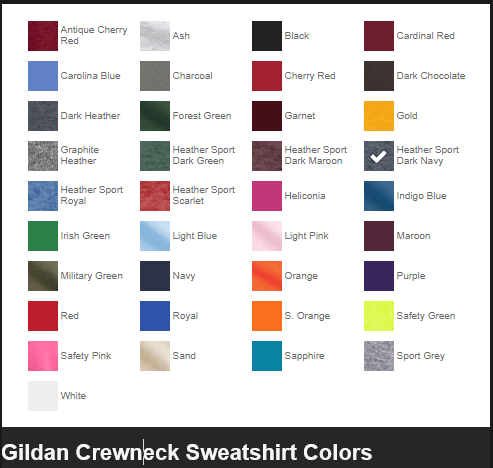 Gildan crewneck discount sweatshirt color chart